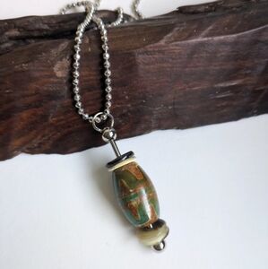 Bobo and Hippie tan and green agate gemstone fidget barrel necklace, Earth tone